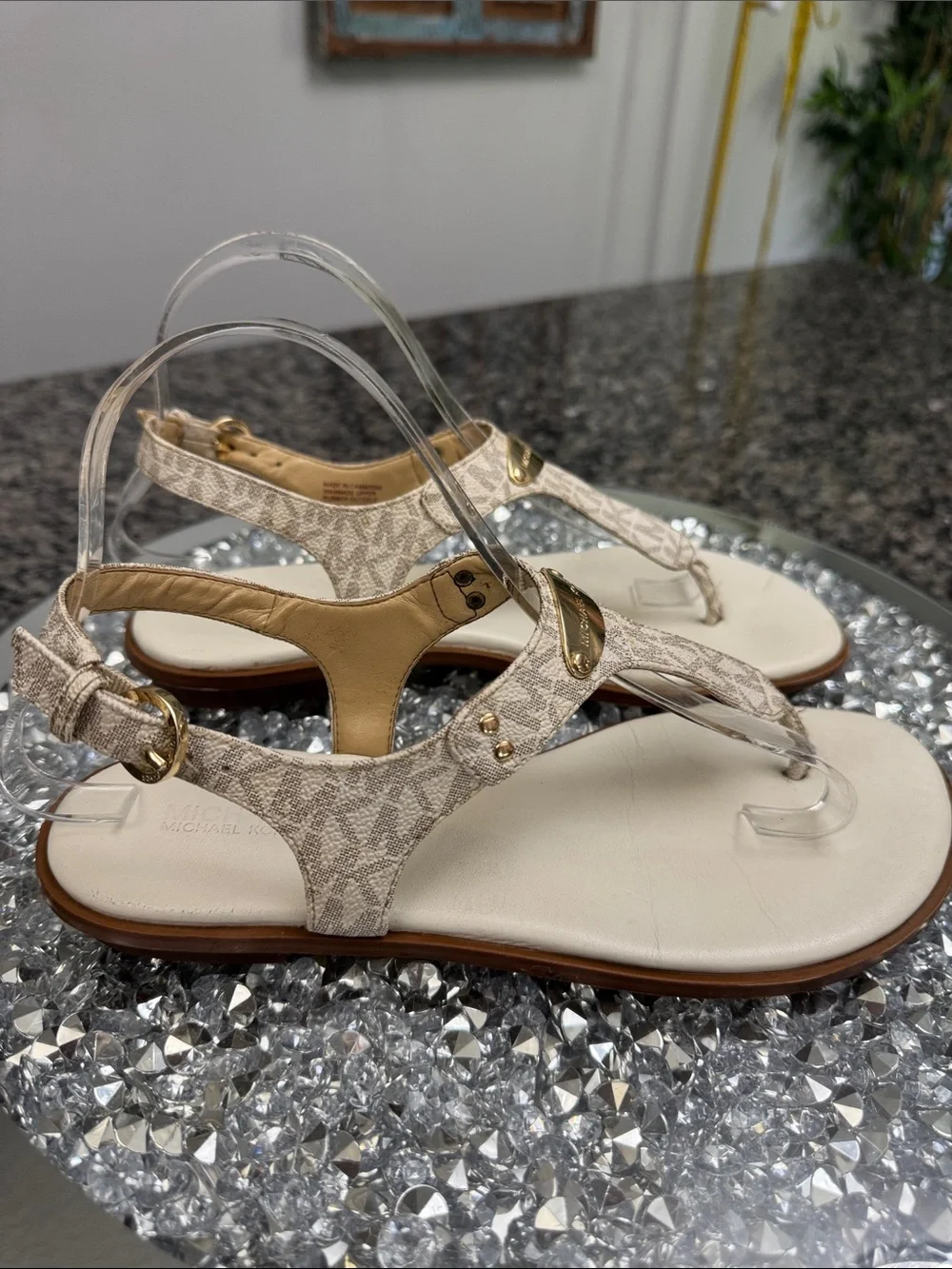 Michael Kors Beige Logo T-Strap Sandals 8